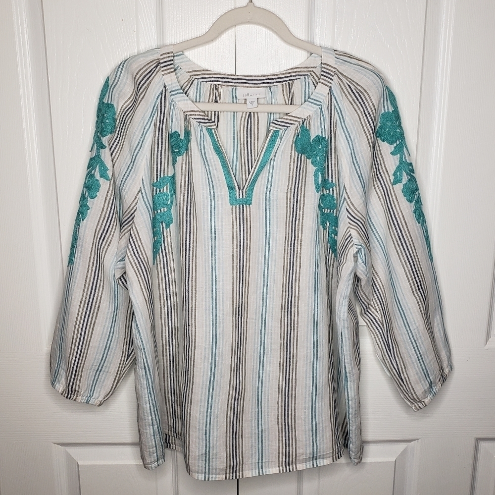 J Jill Love Linen Popover Top Embroidery M 100% Linen Raglan Sleeves Split Neck